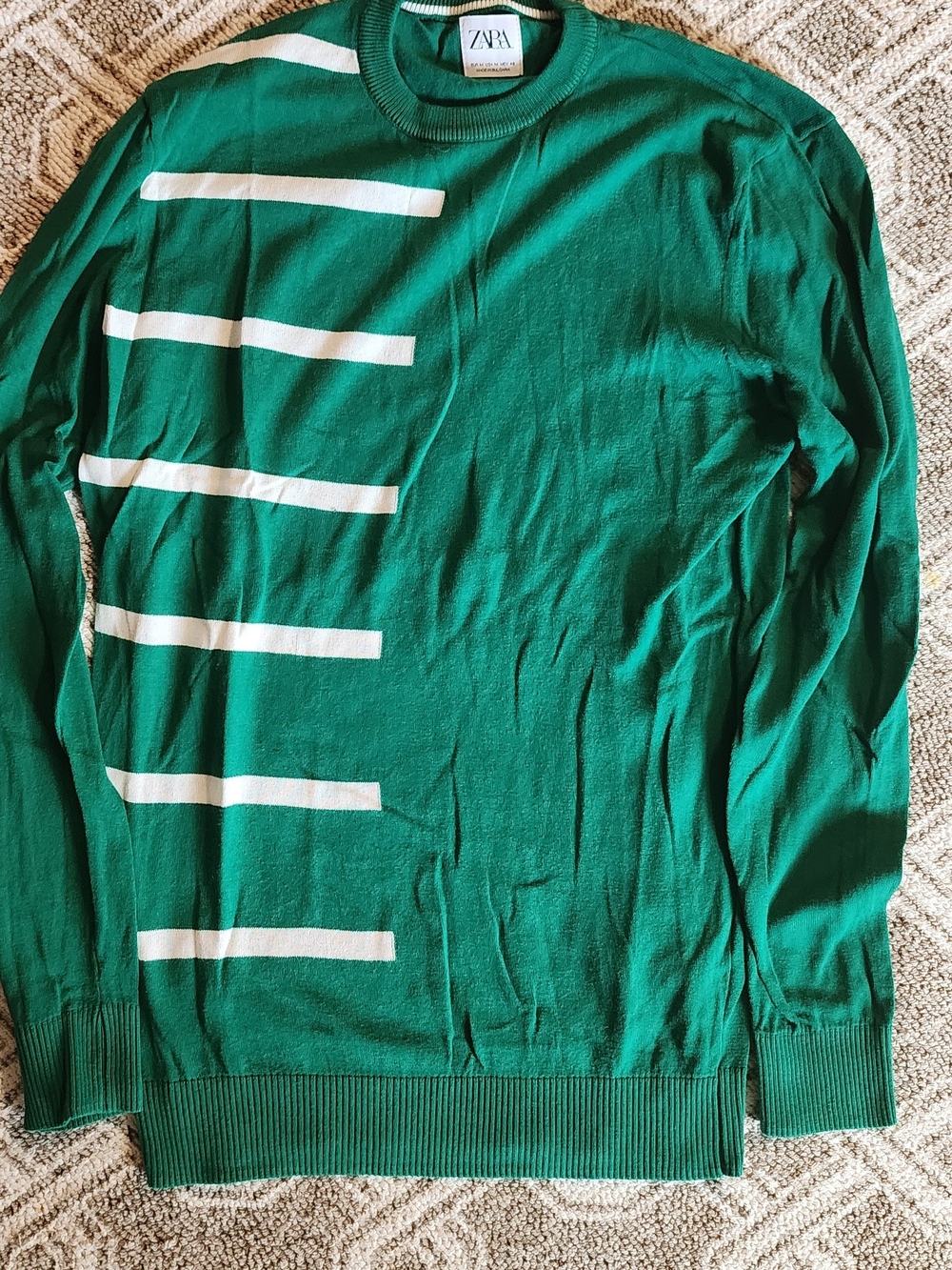 ZARA Green Crewneck Sweater with White Horizontal Stripes